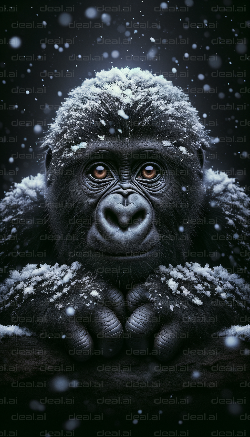 "Snow-Covered Gorilla's Gazing Eyes"