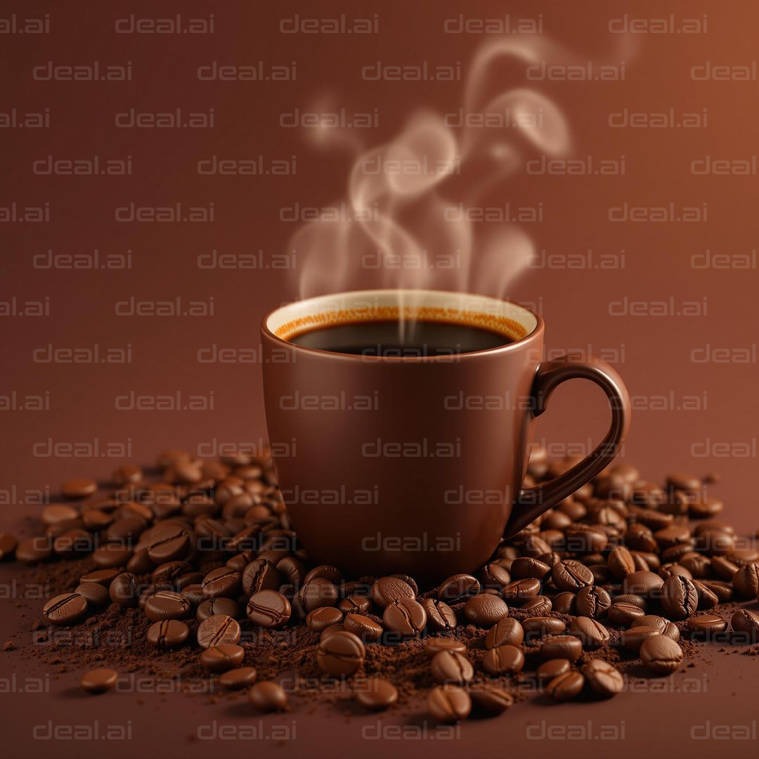 Steaming Cup of Coffee and Beans
