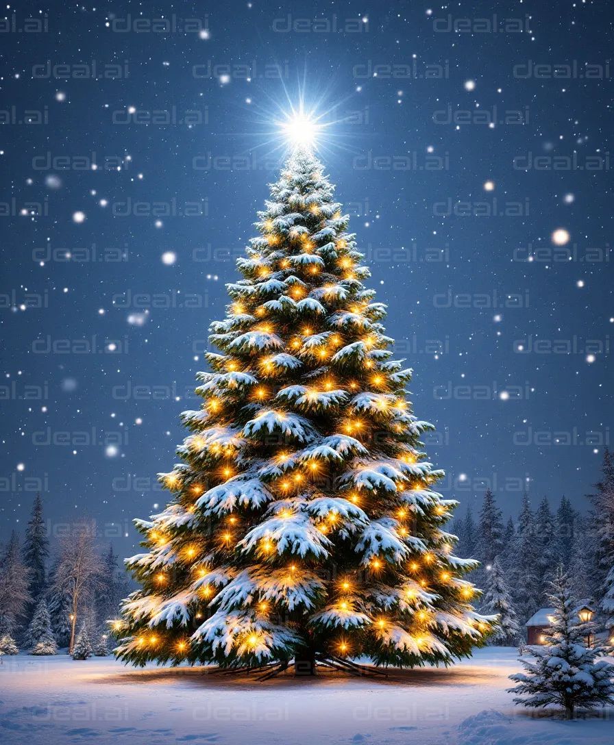 "Glowing Christmas Tree in Snowfall"