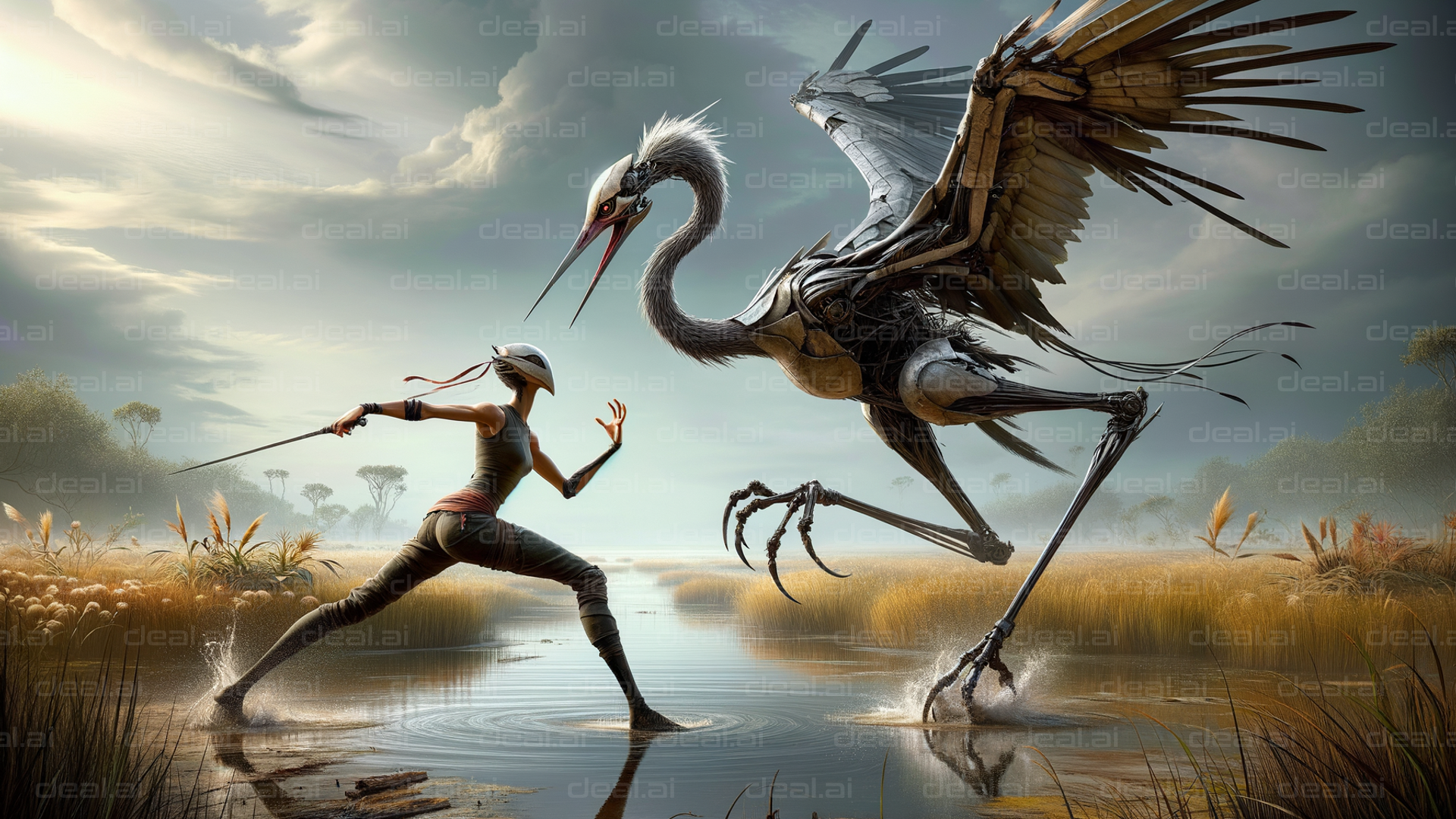 "Warrior vs. Mechanical Bird Showdown"