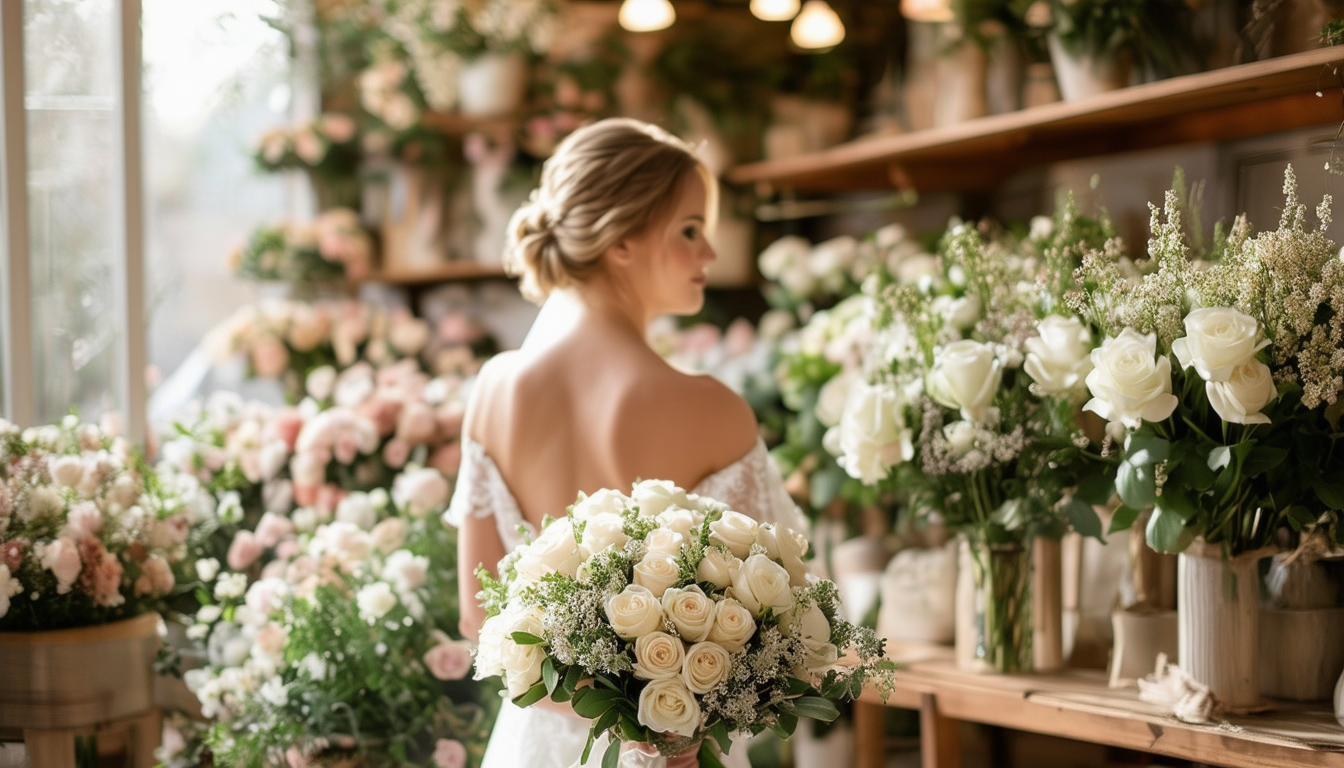 Bridal Elegance in Bloom-Filled Shop