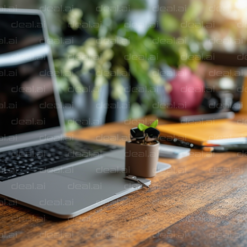 "Cozy Workspace with Plants and Laptop"