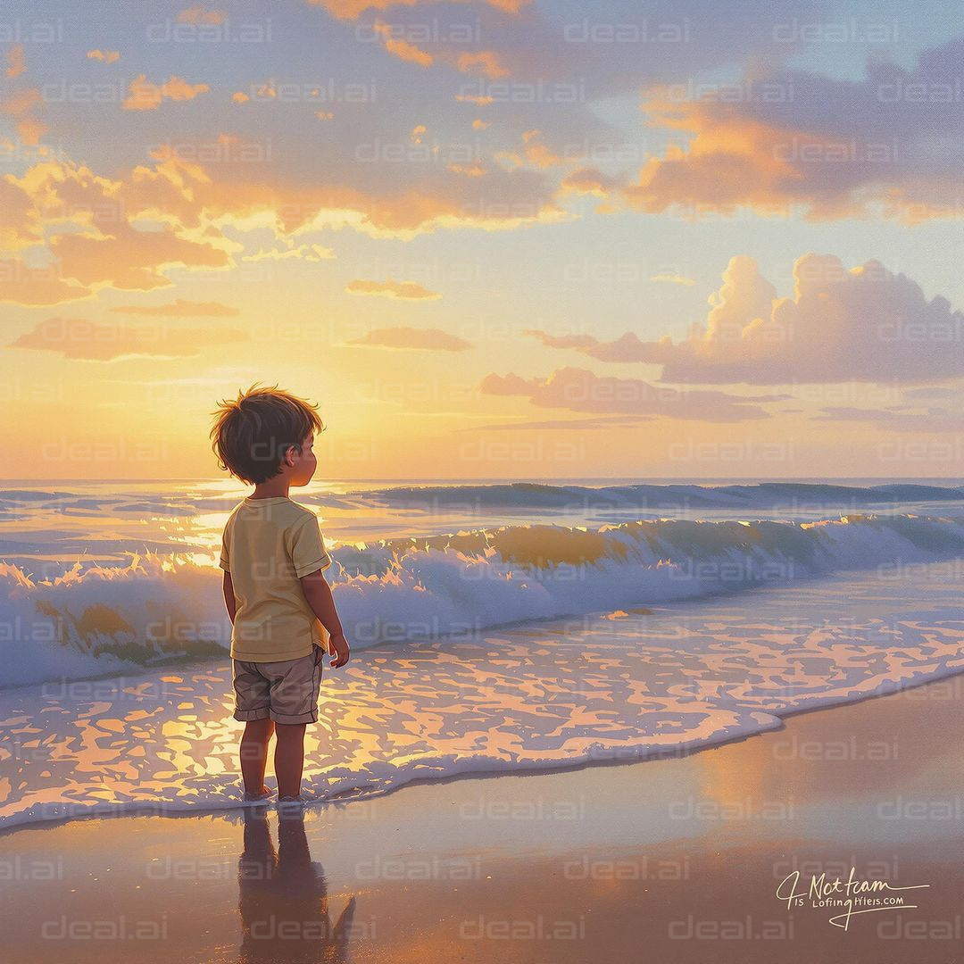 "Child's Gaze at Sunset Waves"
