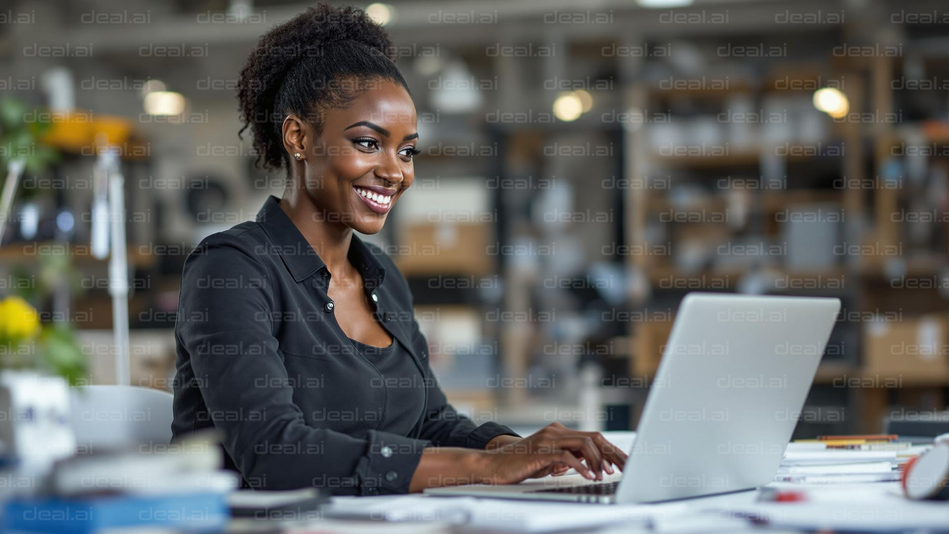Smiling While Working on Laptop