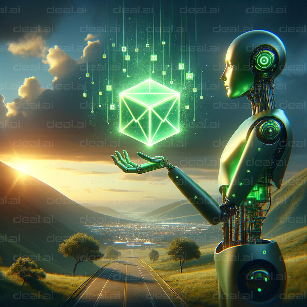 "Robot Holding a Glowing Cube at Sunset"