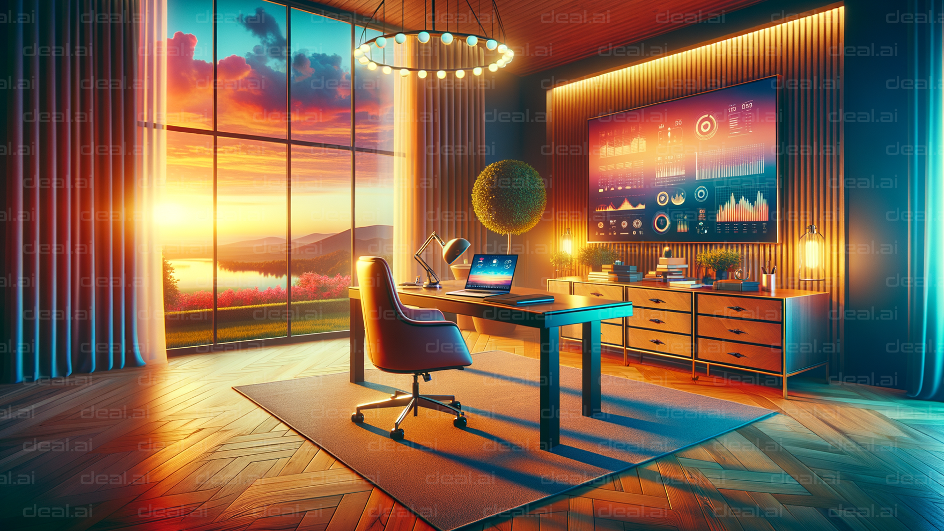 Modern Office with Scenic Sunset View