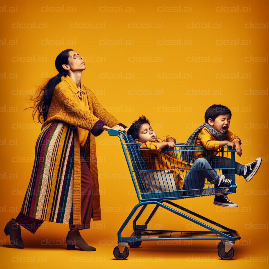 "Tired Mom with Sleeping Kids in Cart"