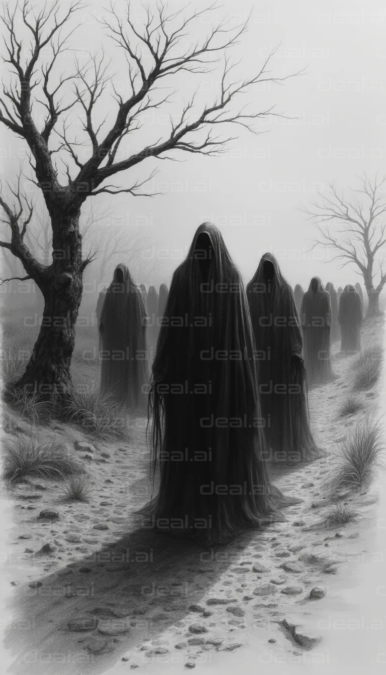 "Mysterious Hooded Figures in the Mist"