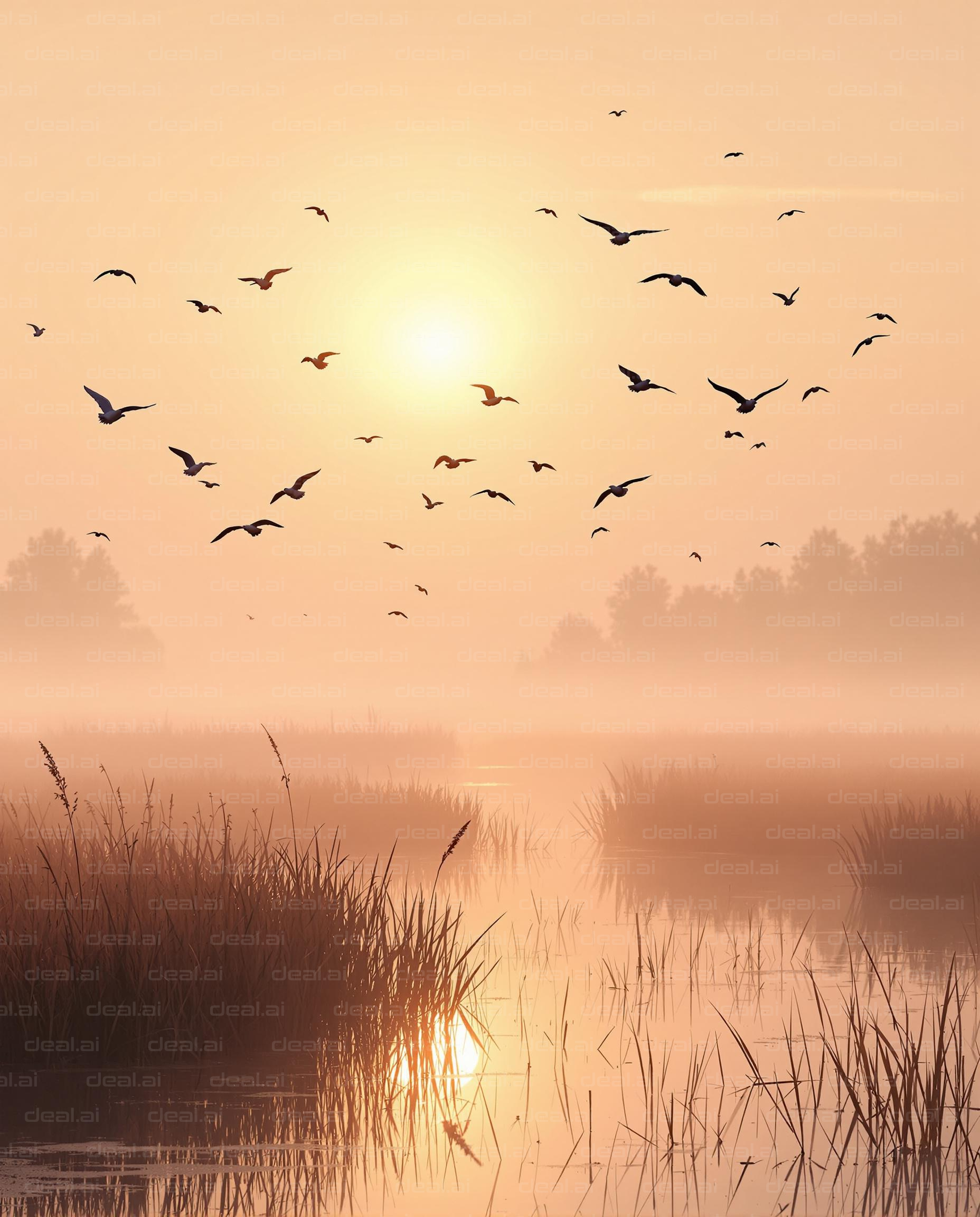 Misty Sunrise with Birds Flying