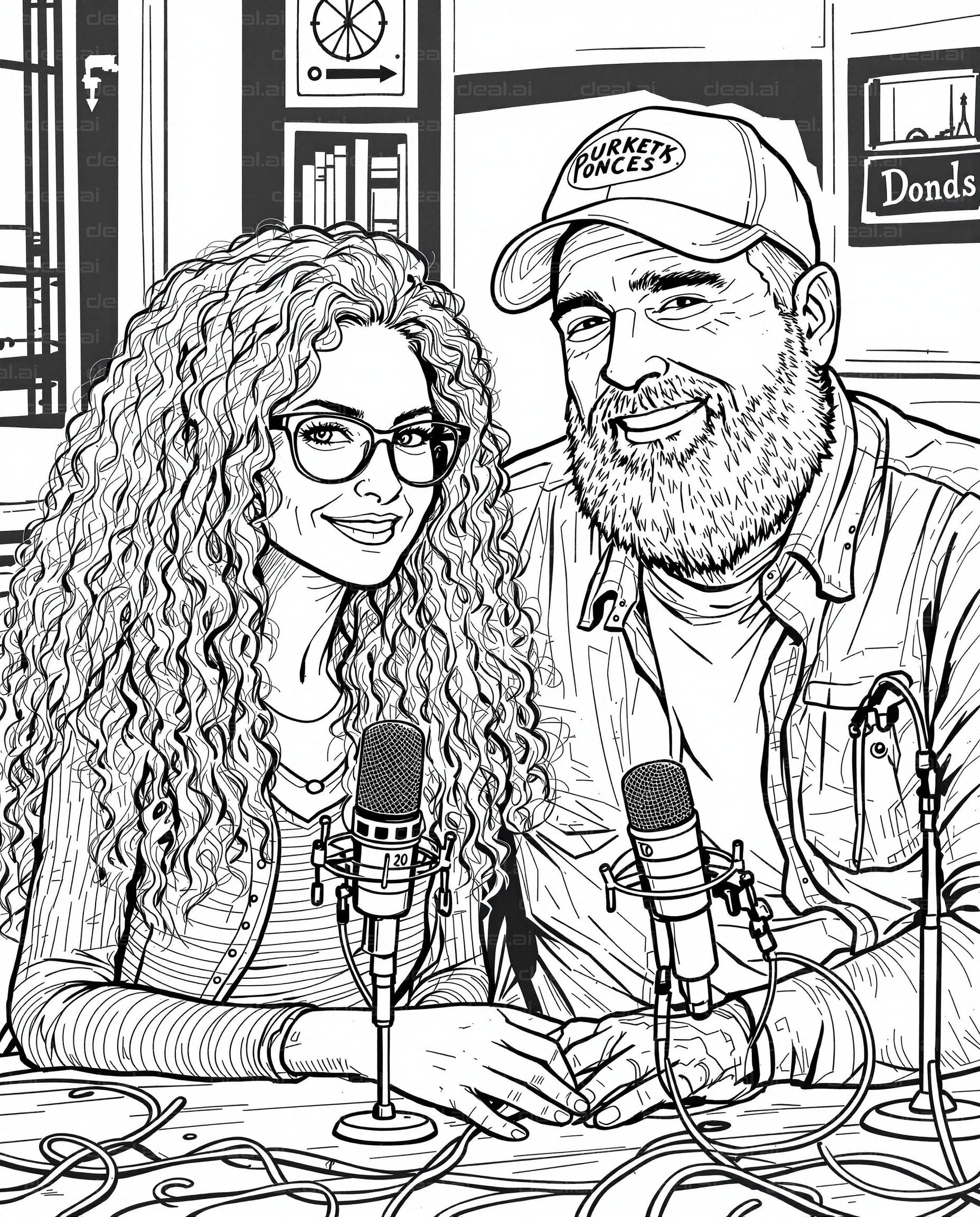 Podcast Duo in Studio Line Art