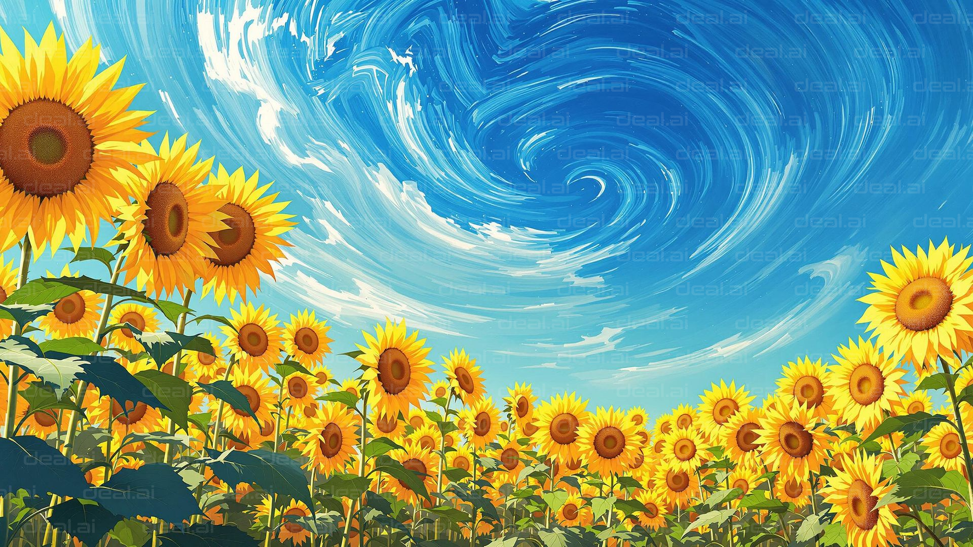 "Sunflowers Under Swirling Sky"