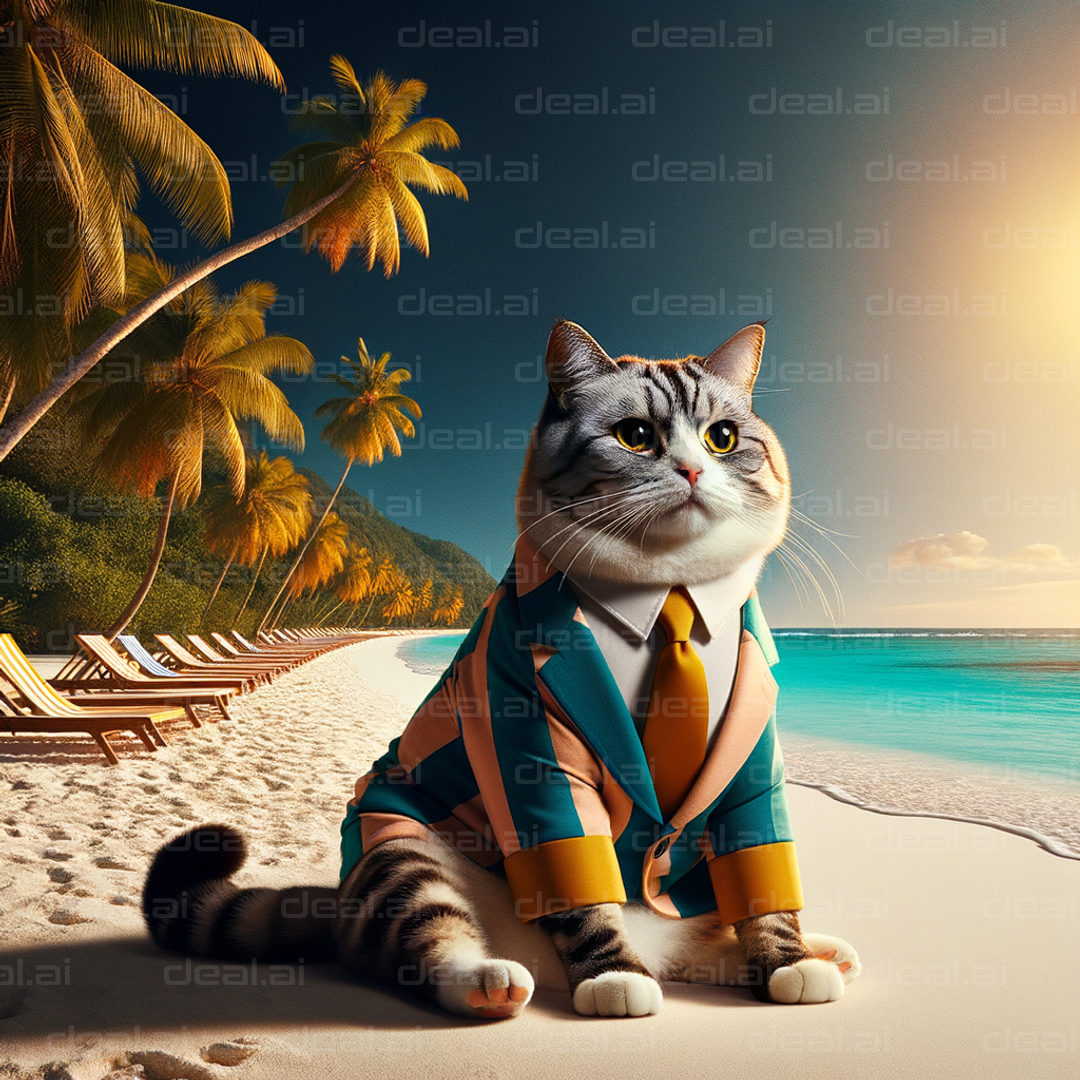 "Stylish Cat on Tropical Beach"