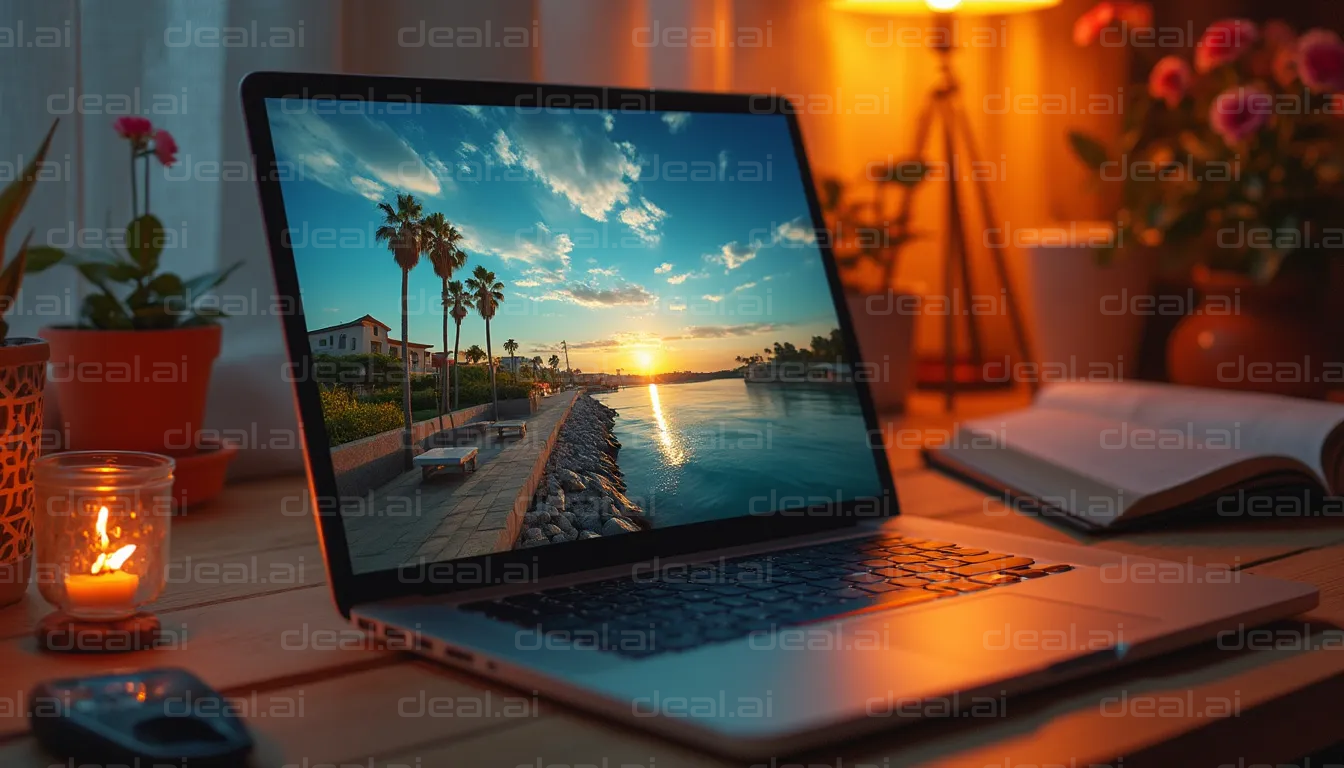 "Sunset Escape on Laptop Screen"