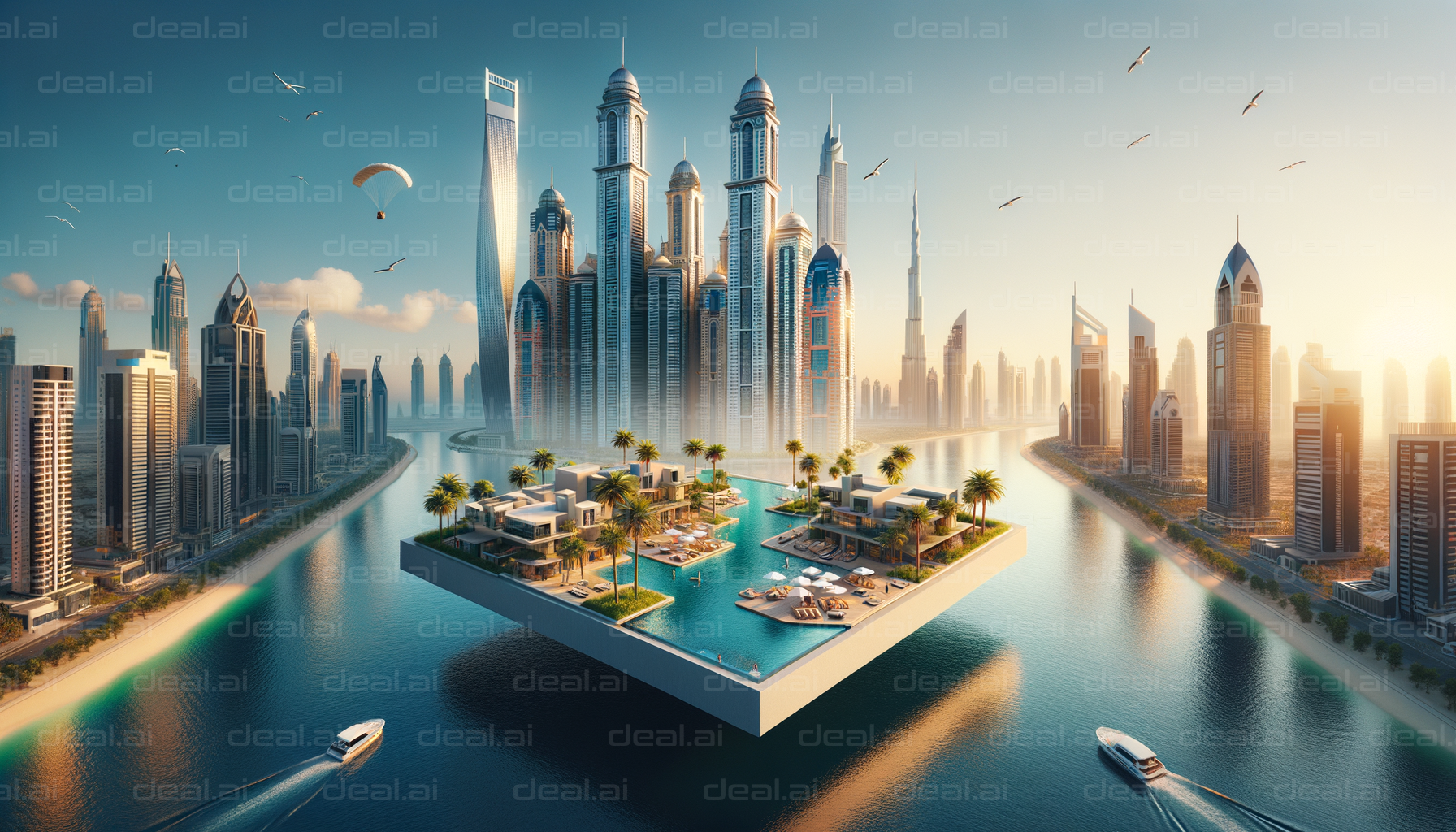 "Futuristic Floating Cityscape at Sunset"