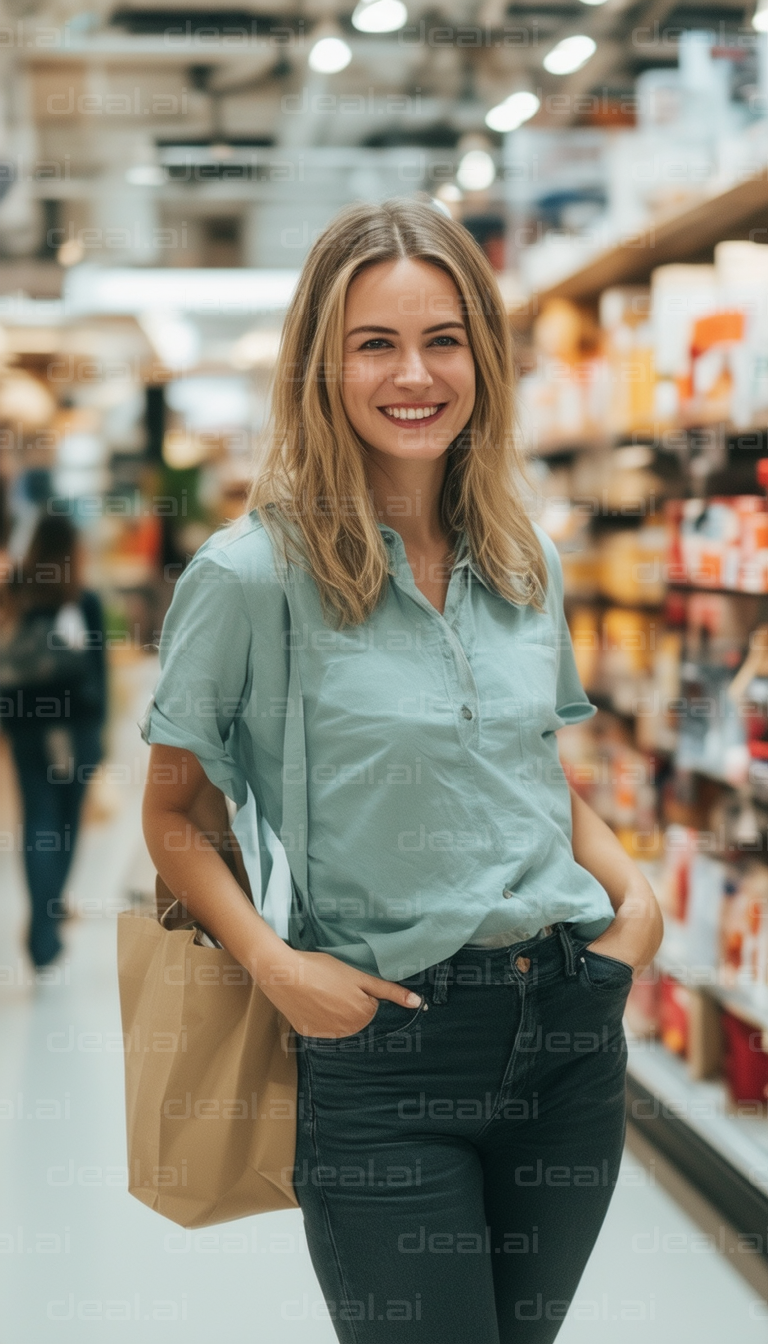 Smiling Woman Shopping at Supermarket