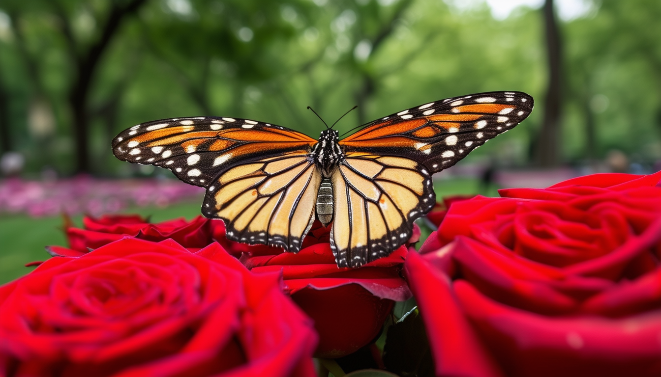 Monarch Butterfly on Red Roses