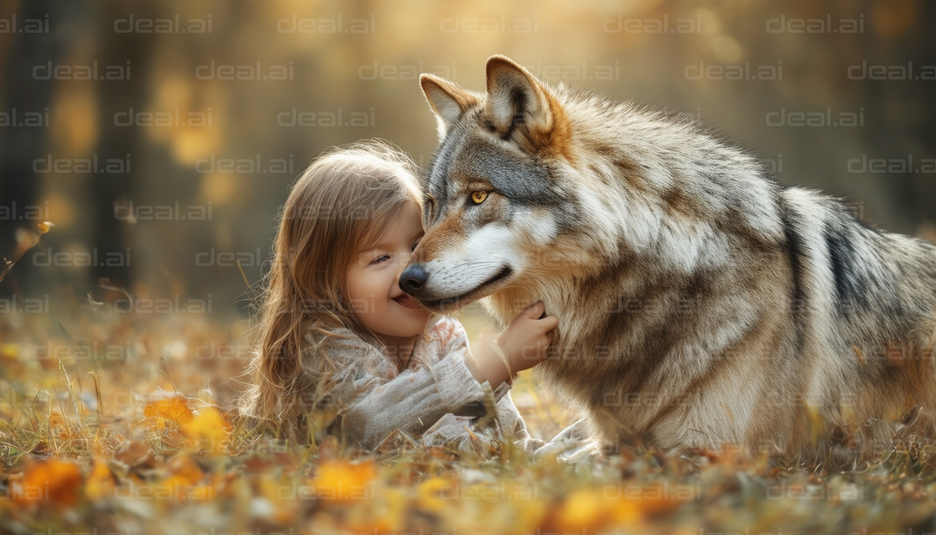 Child and Wolf Bonding in Autumn Forest