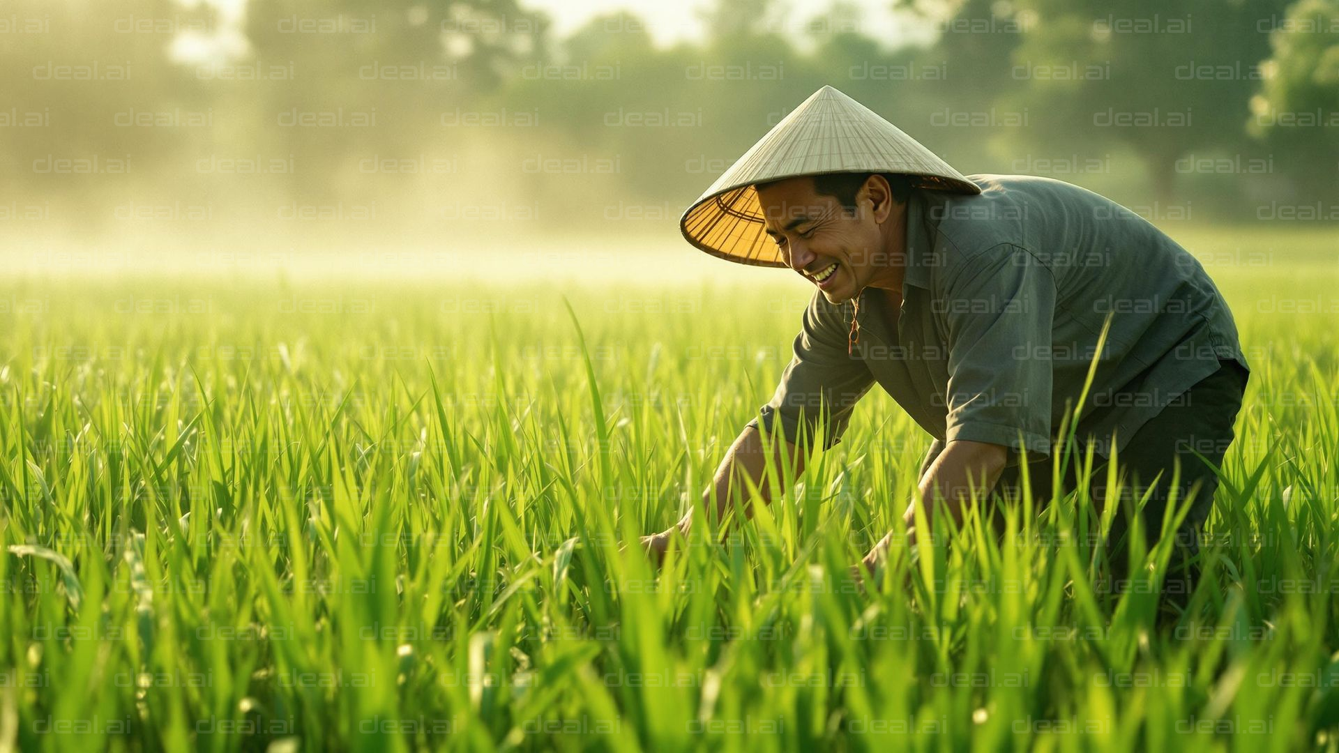 "Joyful Farmer in Lush Green Field"