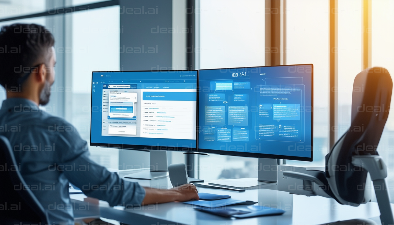 Man Working on Dual Monitors in Modern Office