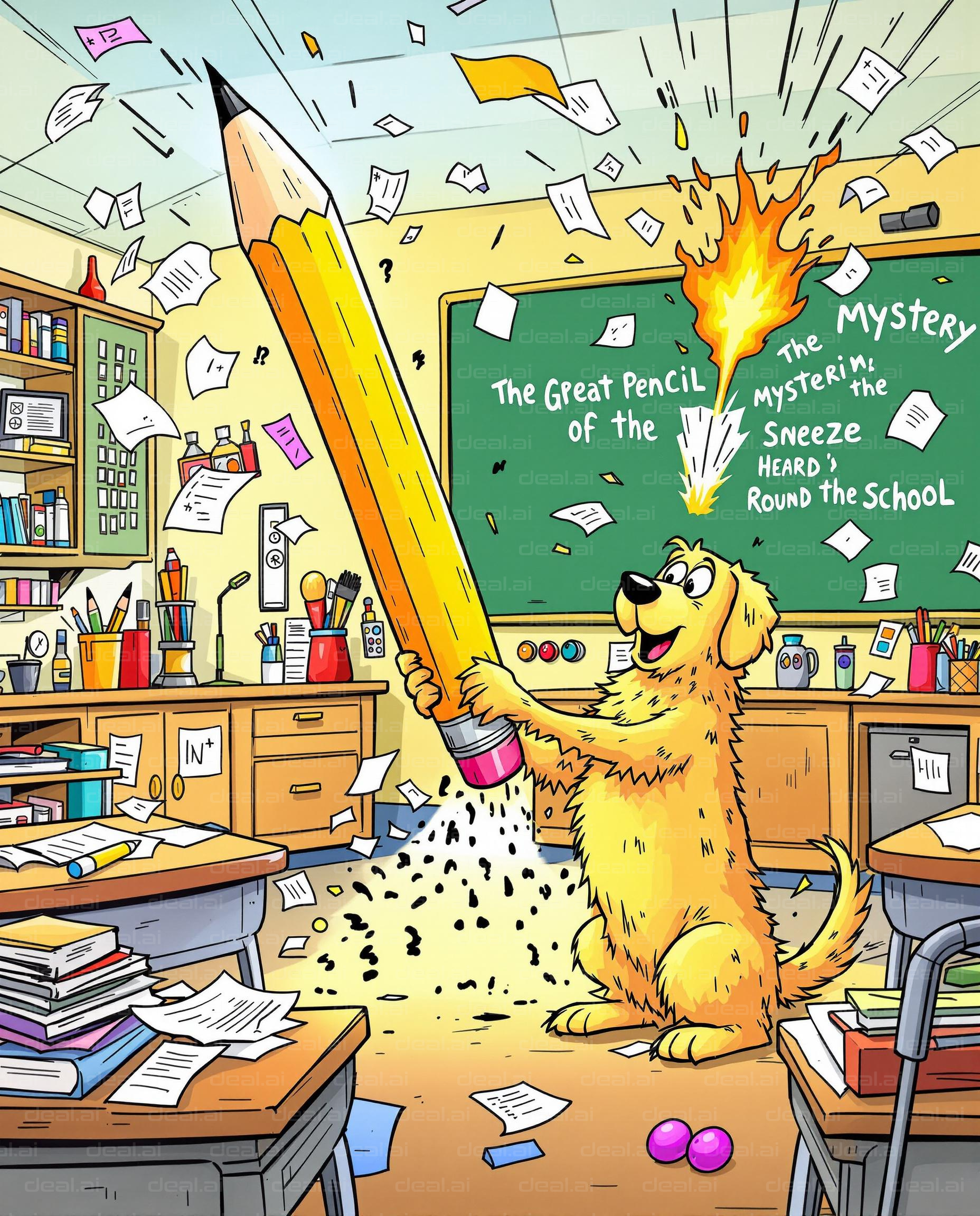 Dog with Giant Pencil in Chaos Classroom