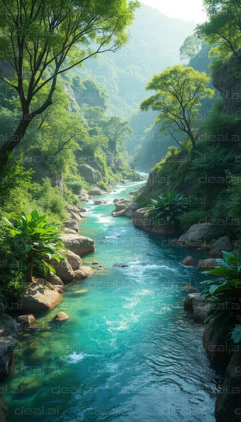 "Tranquil Stream through Lush Canyon"