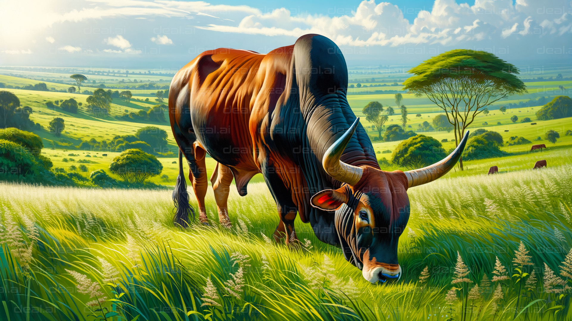 Majestic Bull Grazing in Lush Meadow