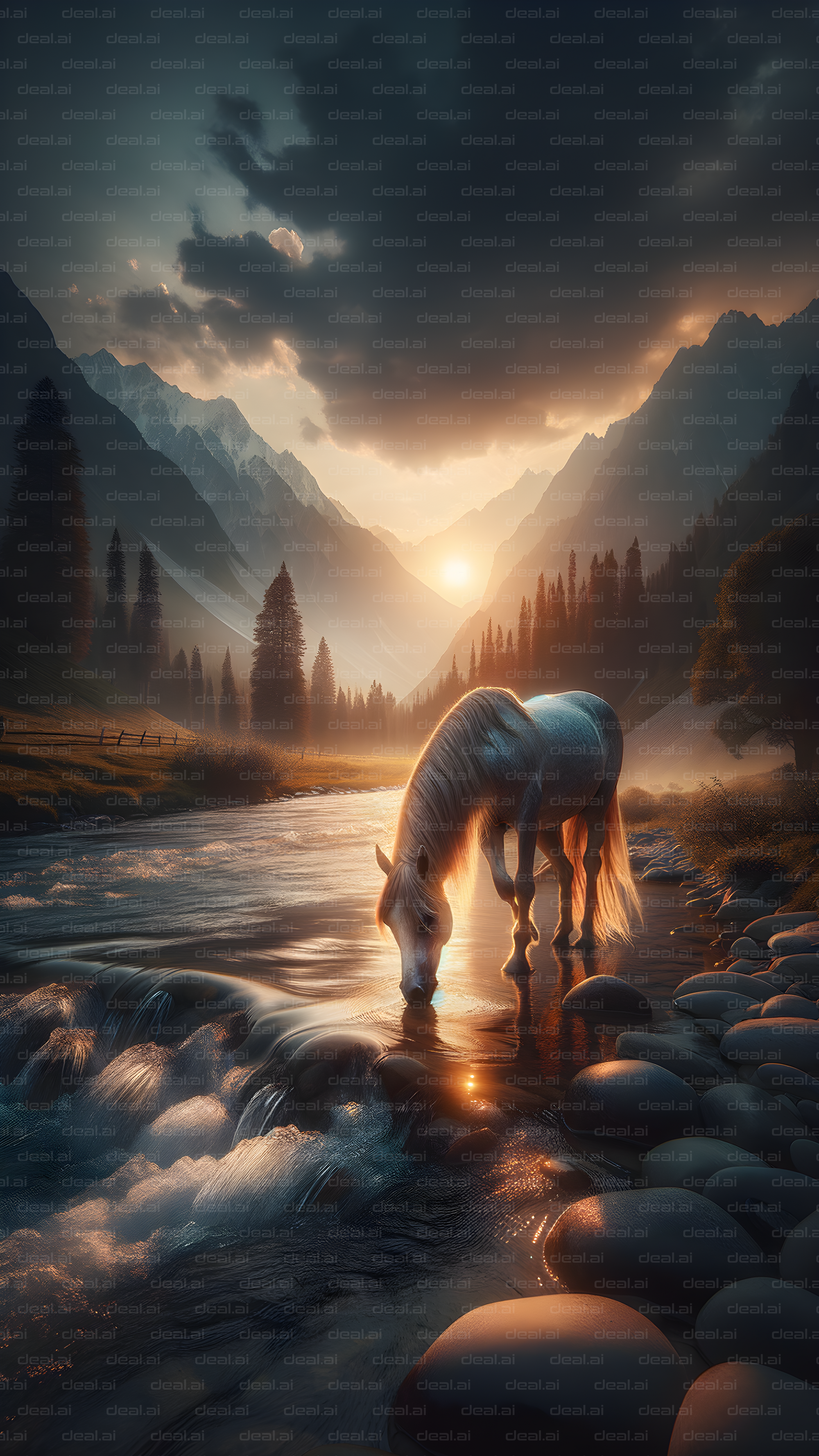Horse by Mountain Stream at Sunset