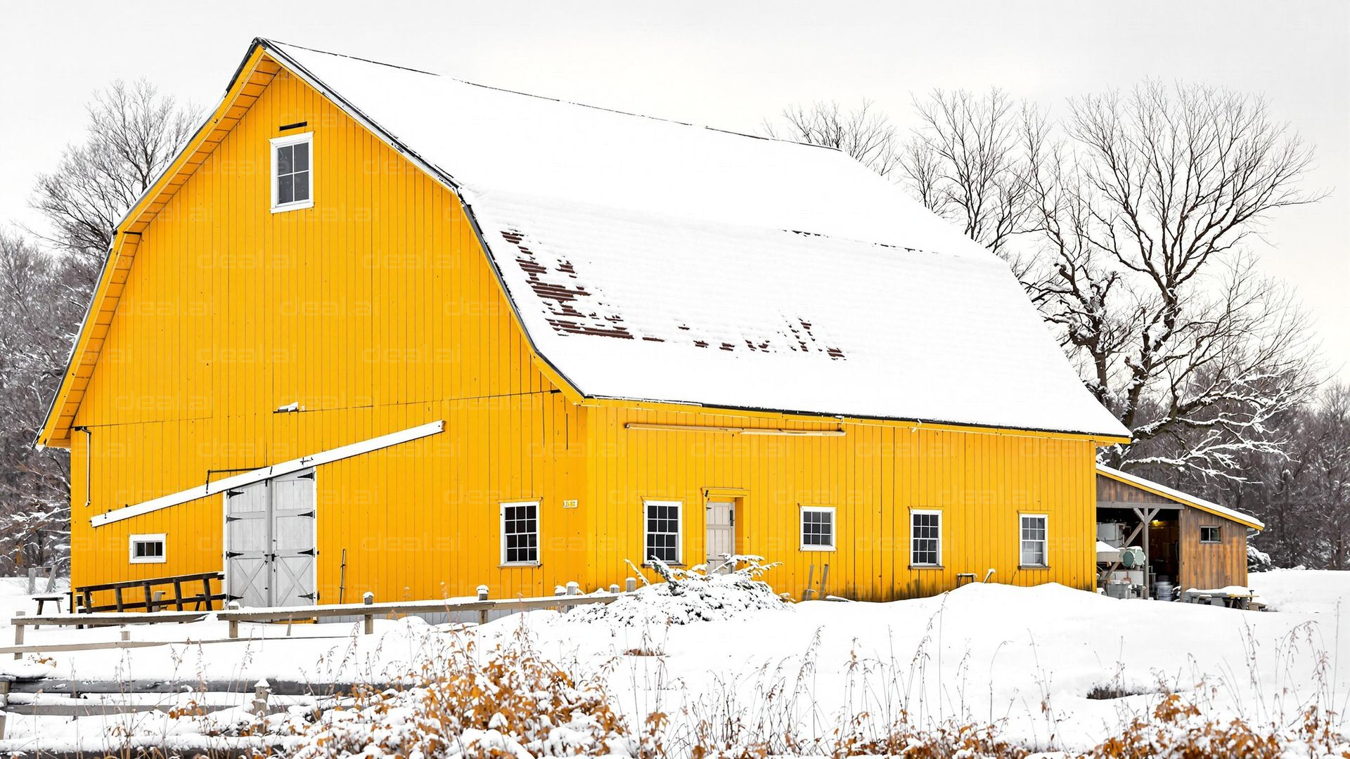 Yellow Barn in Winter Snow Scene