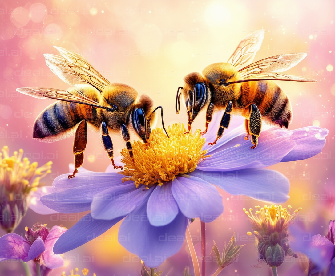 Bees Pollinating a Purple Flower