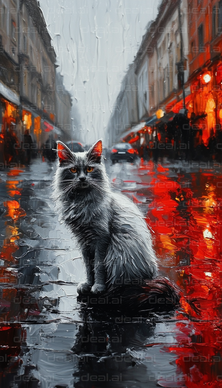 "Street Cat in Rainy City Night"