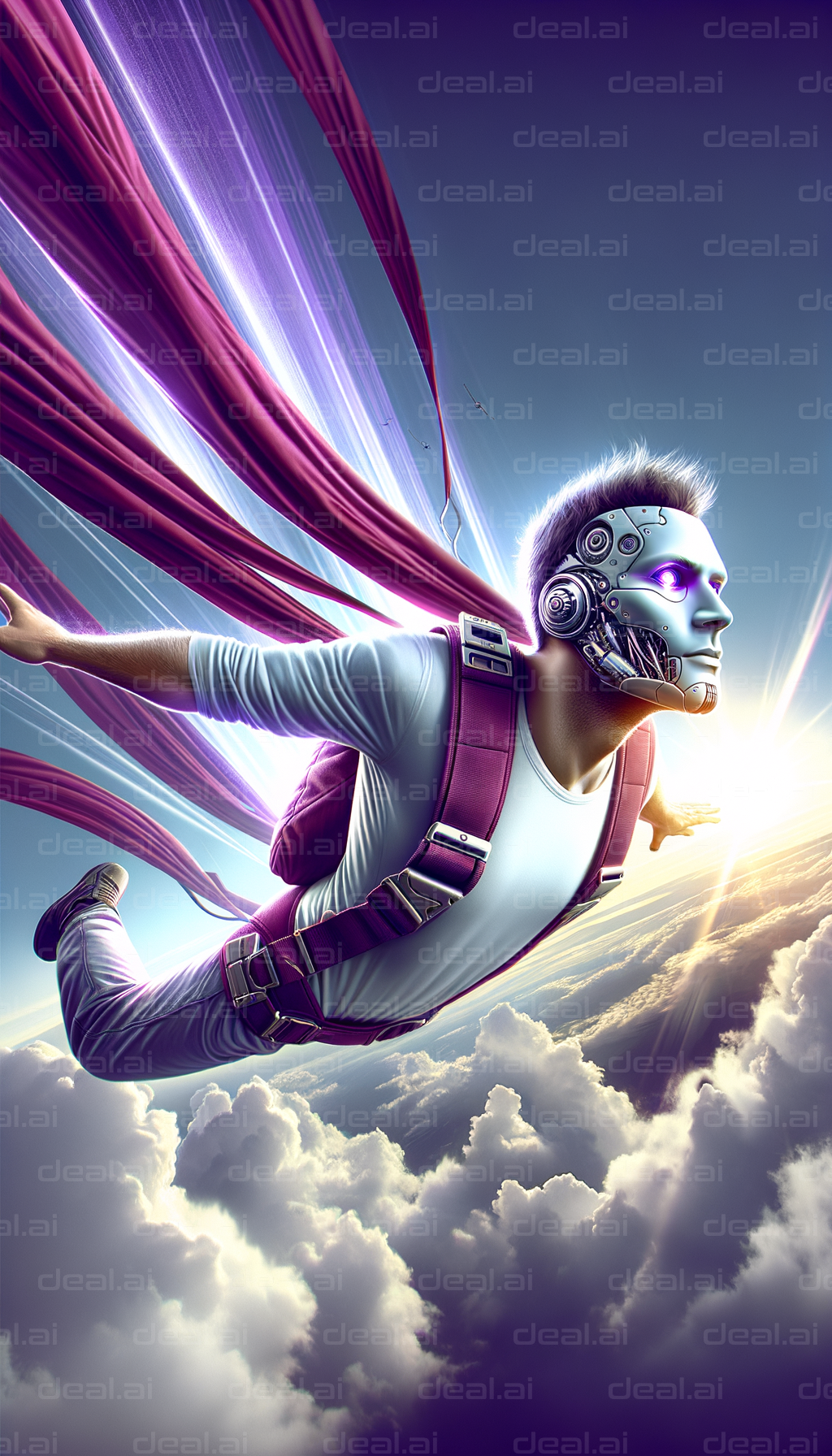 Cyborg Skydiver Soaring at Dawn