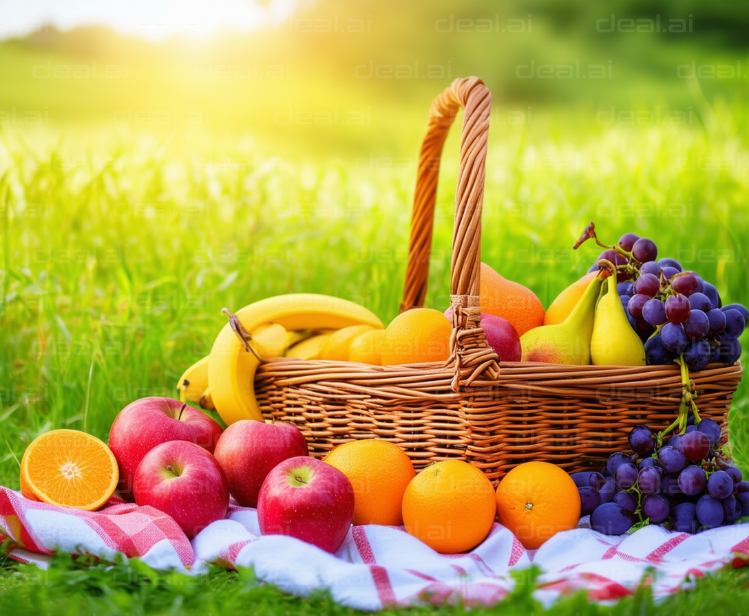 "Sunny Picnic Fruit Basket in a Meadow"