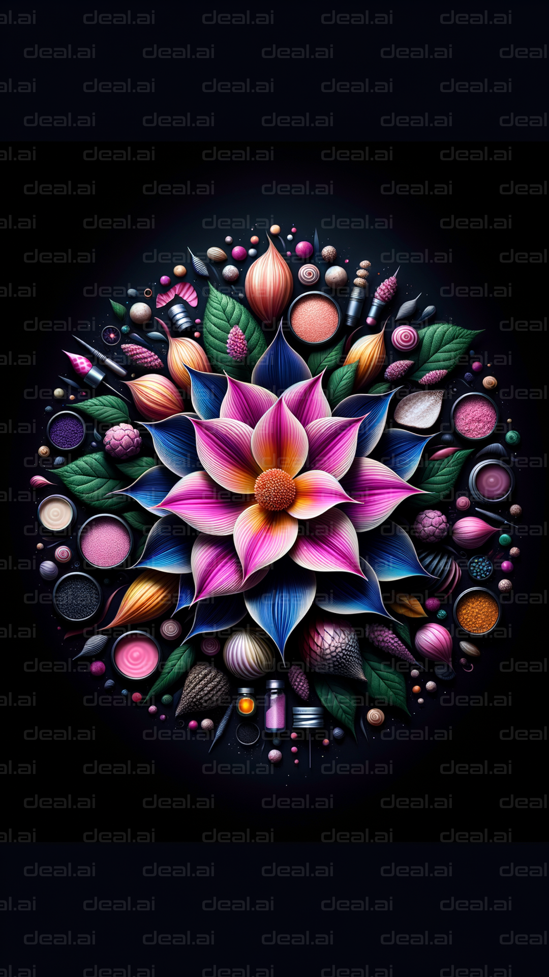 "Colorful Floral Mandala with Makeup Essentials"