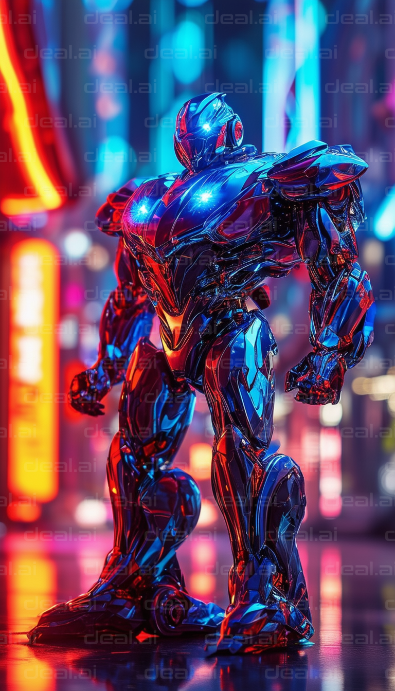 Cybernetic Guardian in Neon Cityscape