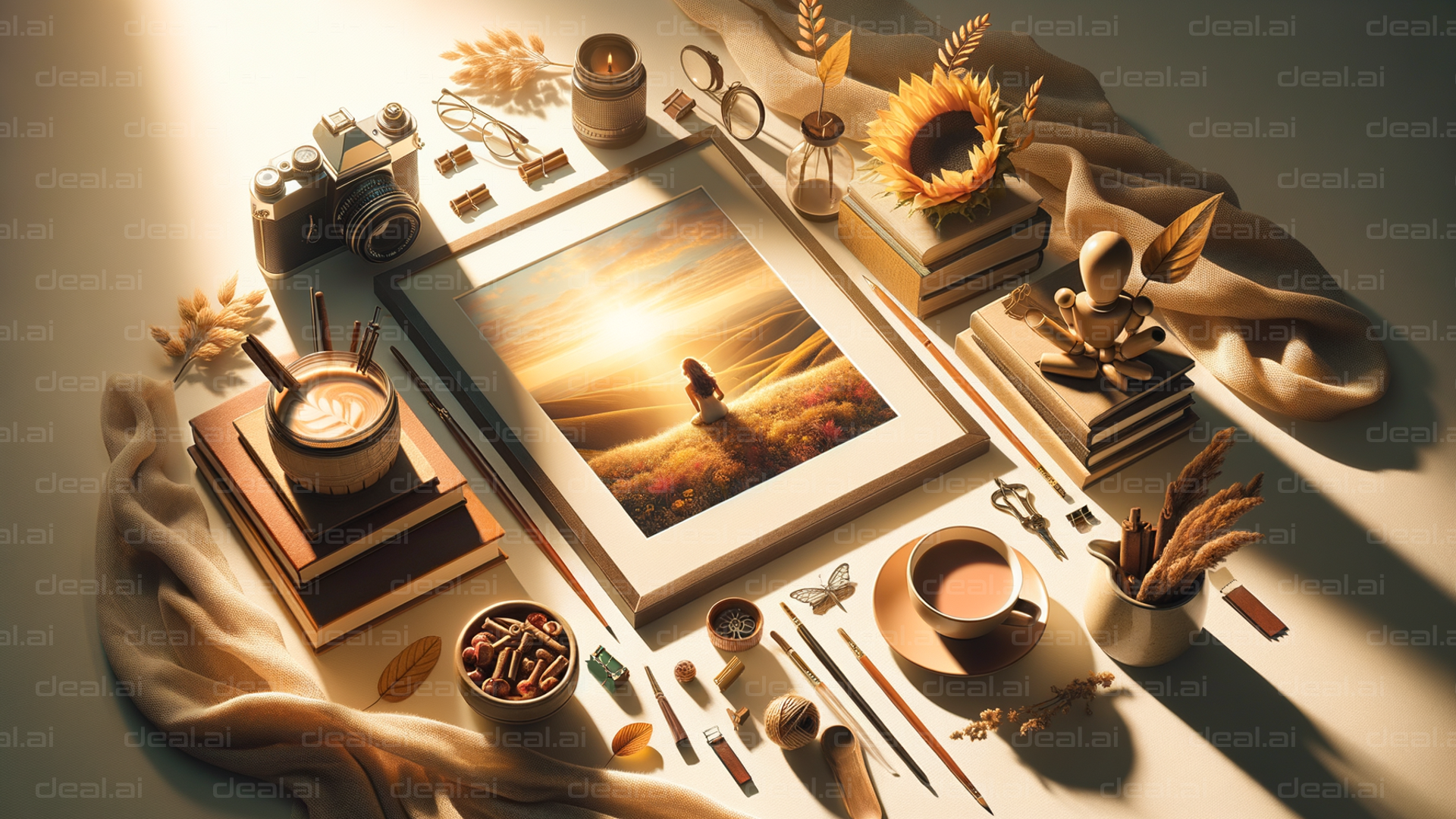 Artistic Flat Lay with Sunlit Nostalgia
