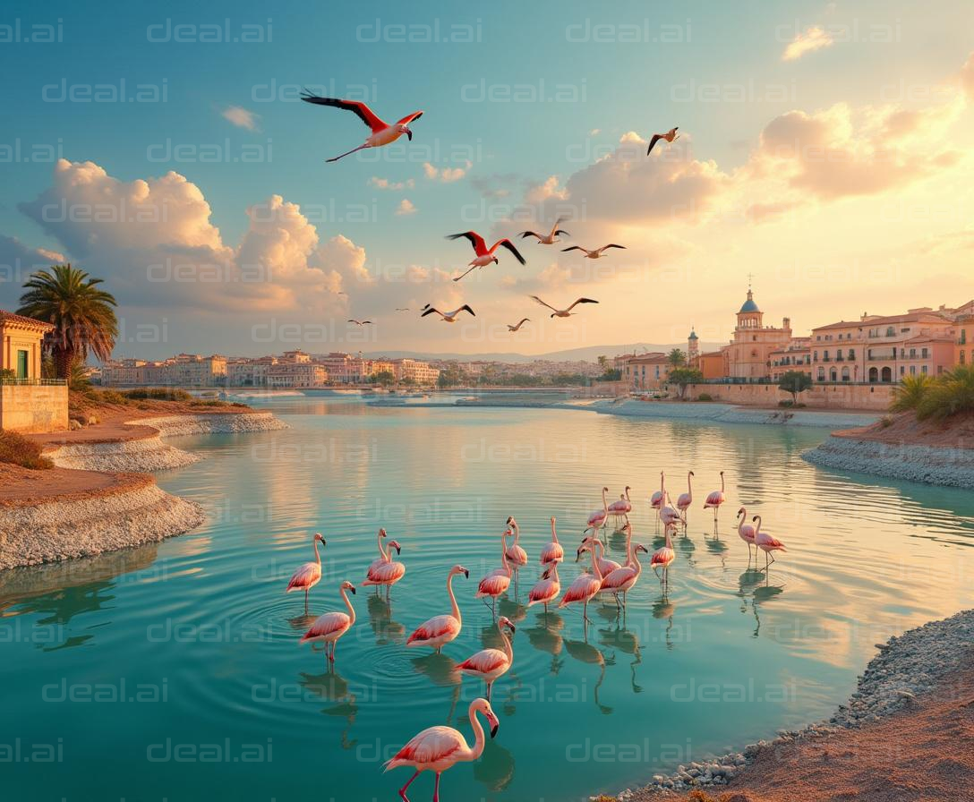 "Flamingos in Serene Coastal Town at Sunset"