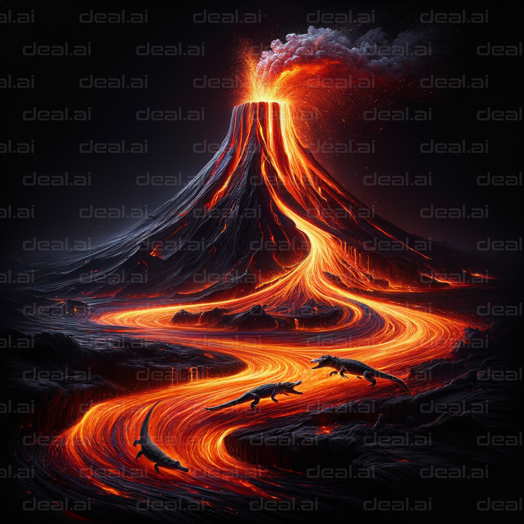 Fiery Volcano and Lava Flowing Dinosaurs