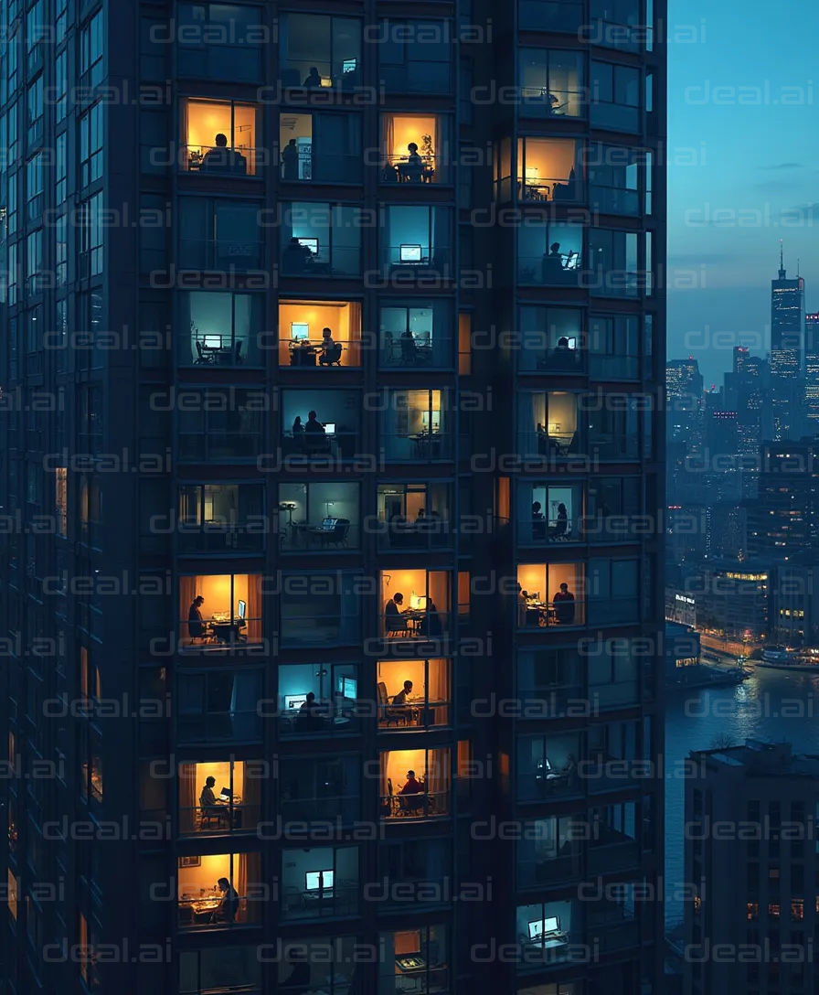 "Nighttime Office Building Windows Aglow"