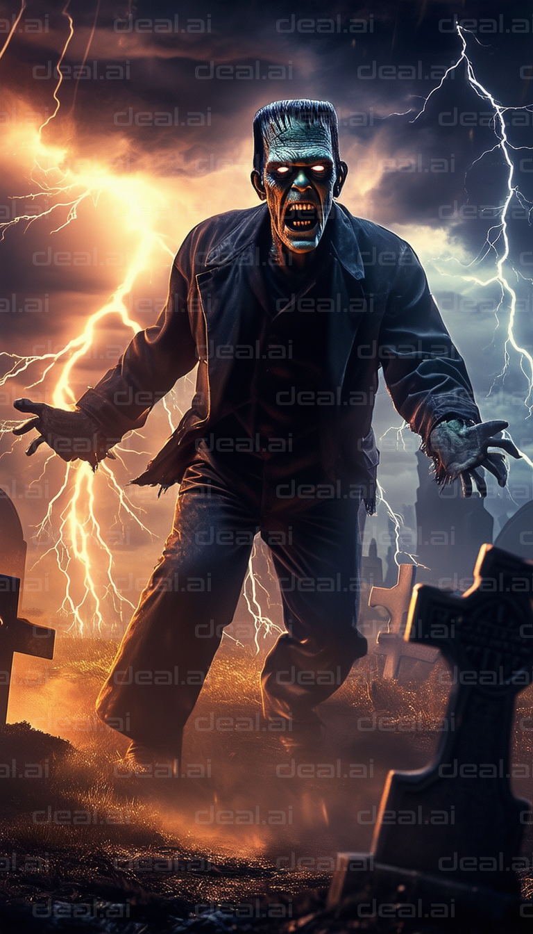 "Monster Awakens in Stormy Graveyard"