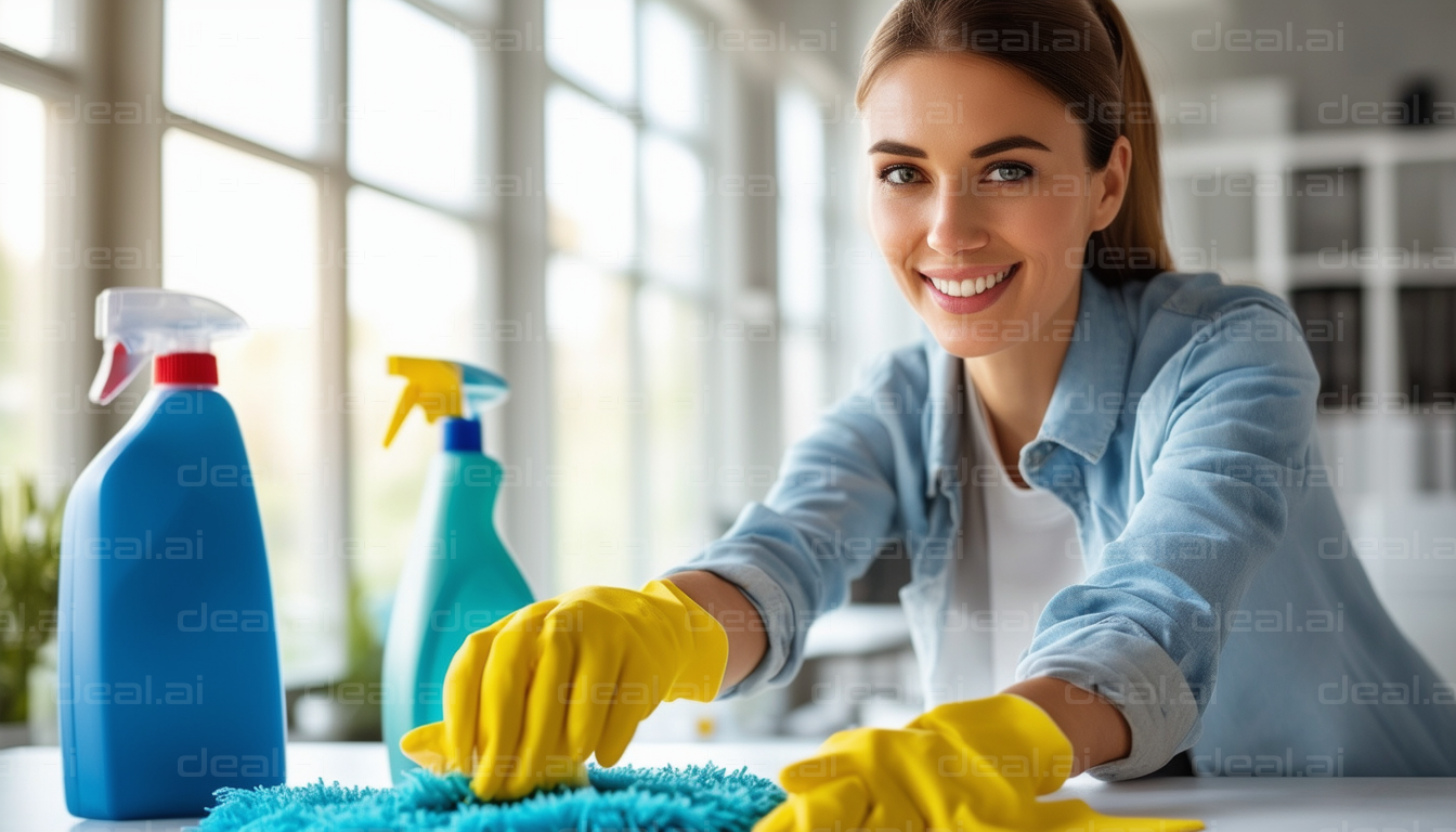 "Smiling Woman Cleaning with Gloves On"