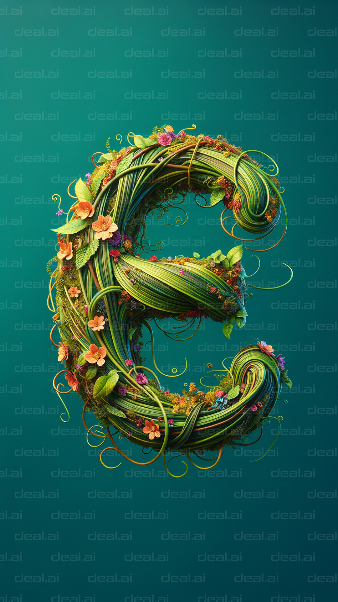 Floral Numeral 3 on Aqua Background