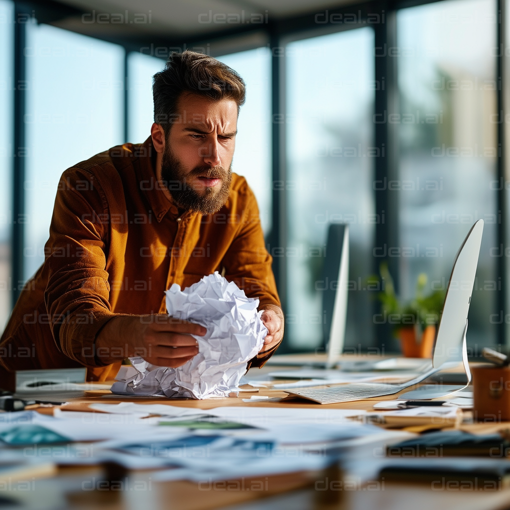 Frustrated Man Crumpling Paper at Desk