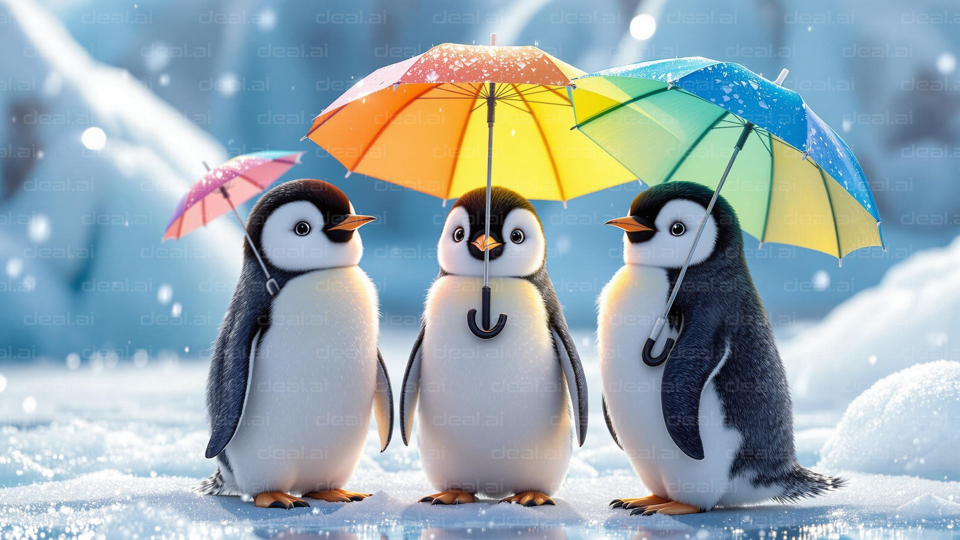 Penguins Under Colorful Umbrellas