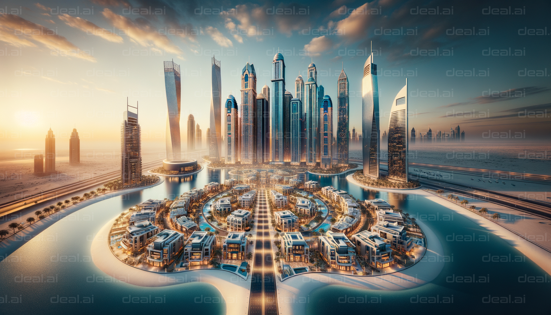 Futuristic Waterfront Cityscape at Dusk