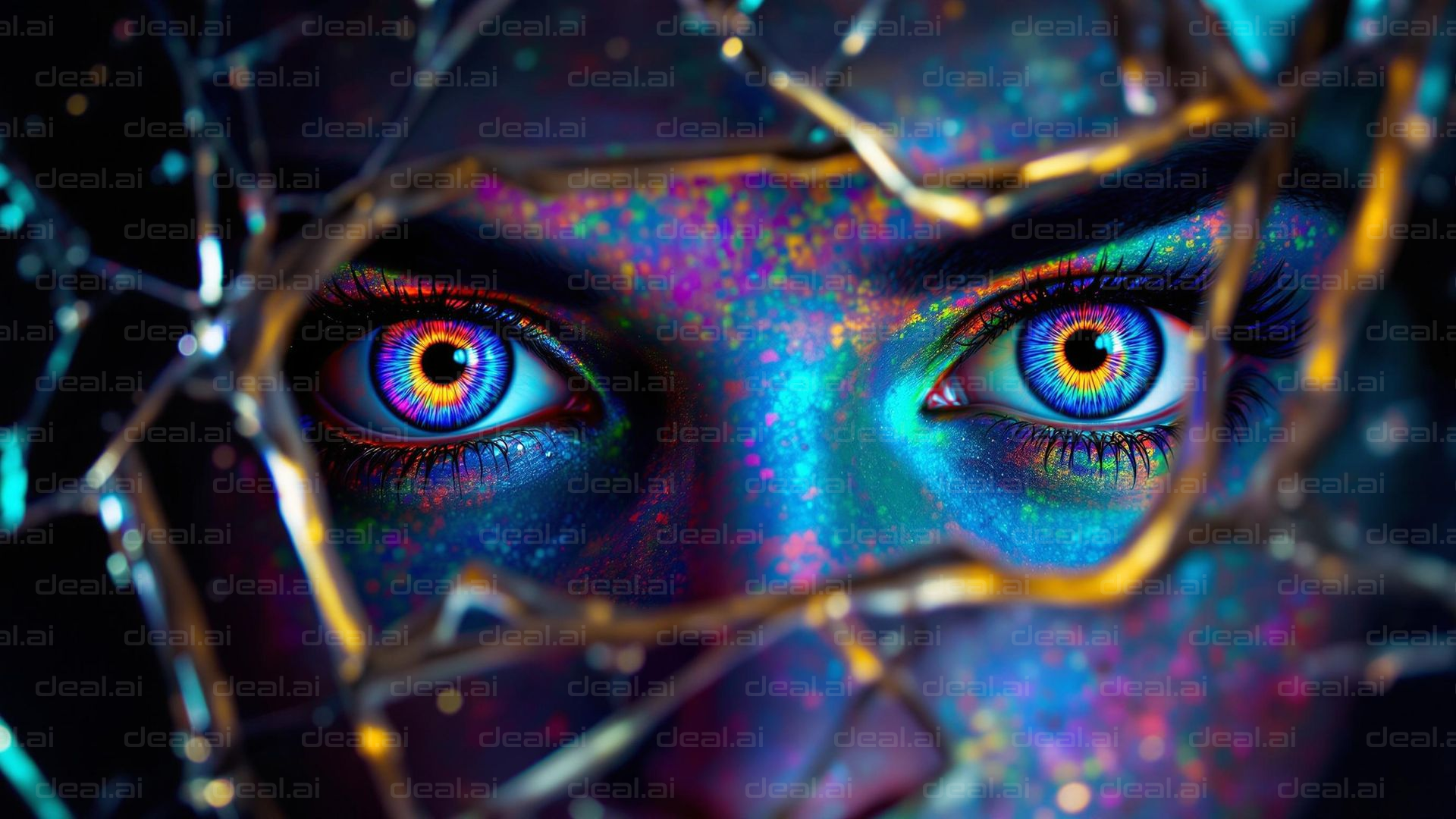 "Vibrant Gaze Through Shattered Glass"