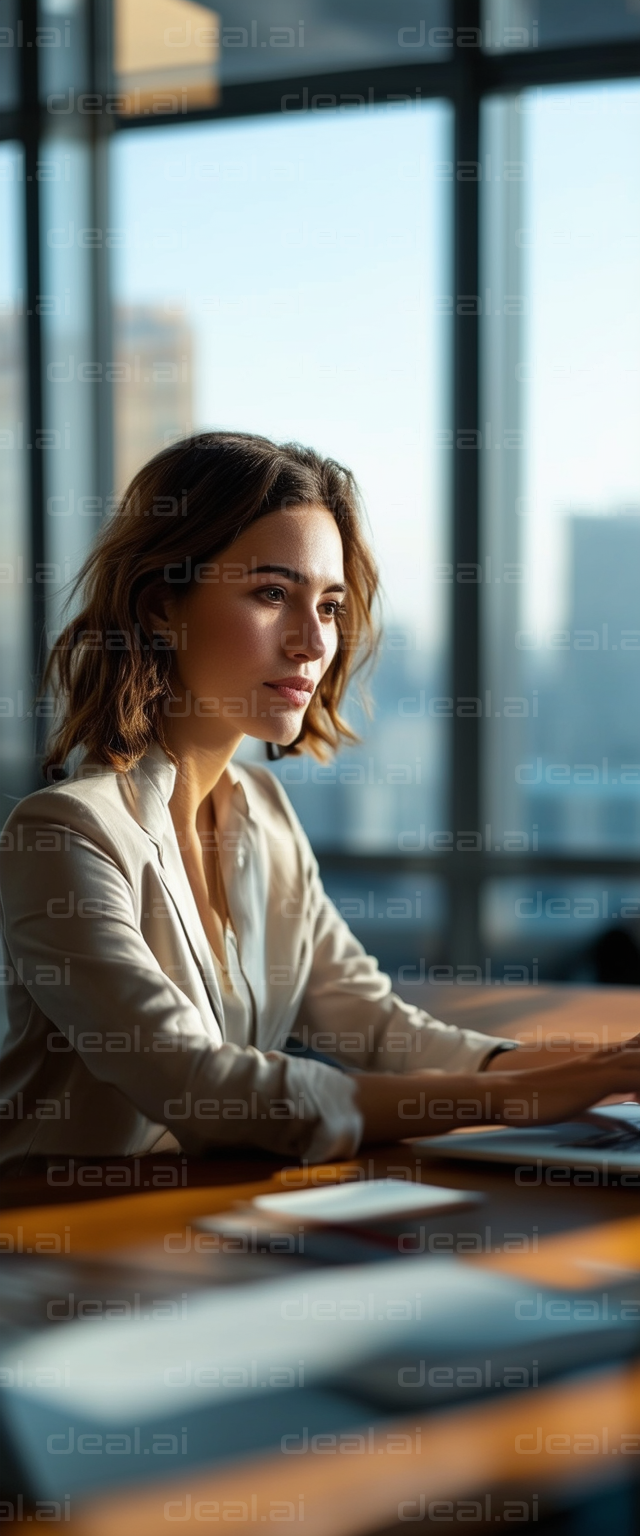 Focused Woman Working by Office Window