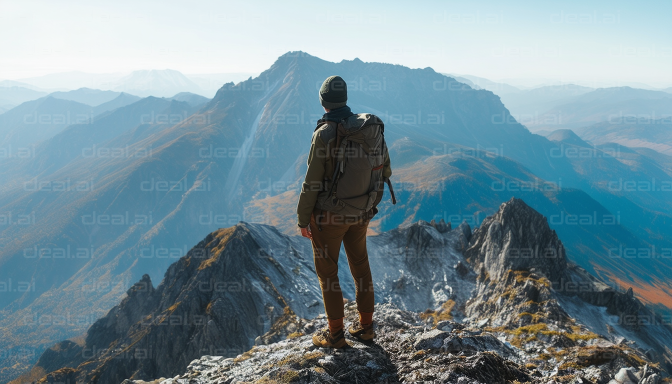 "Adventurer Gazing at Majestic Mountains"