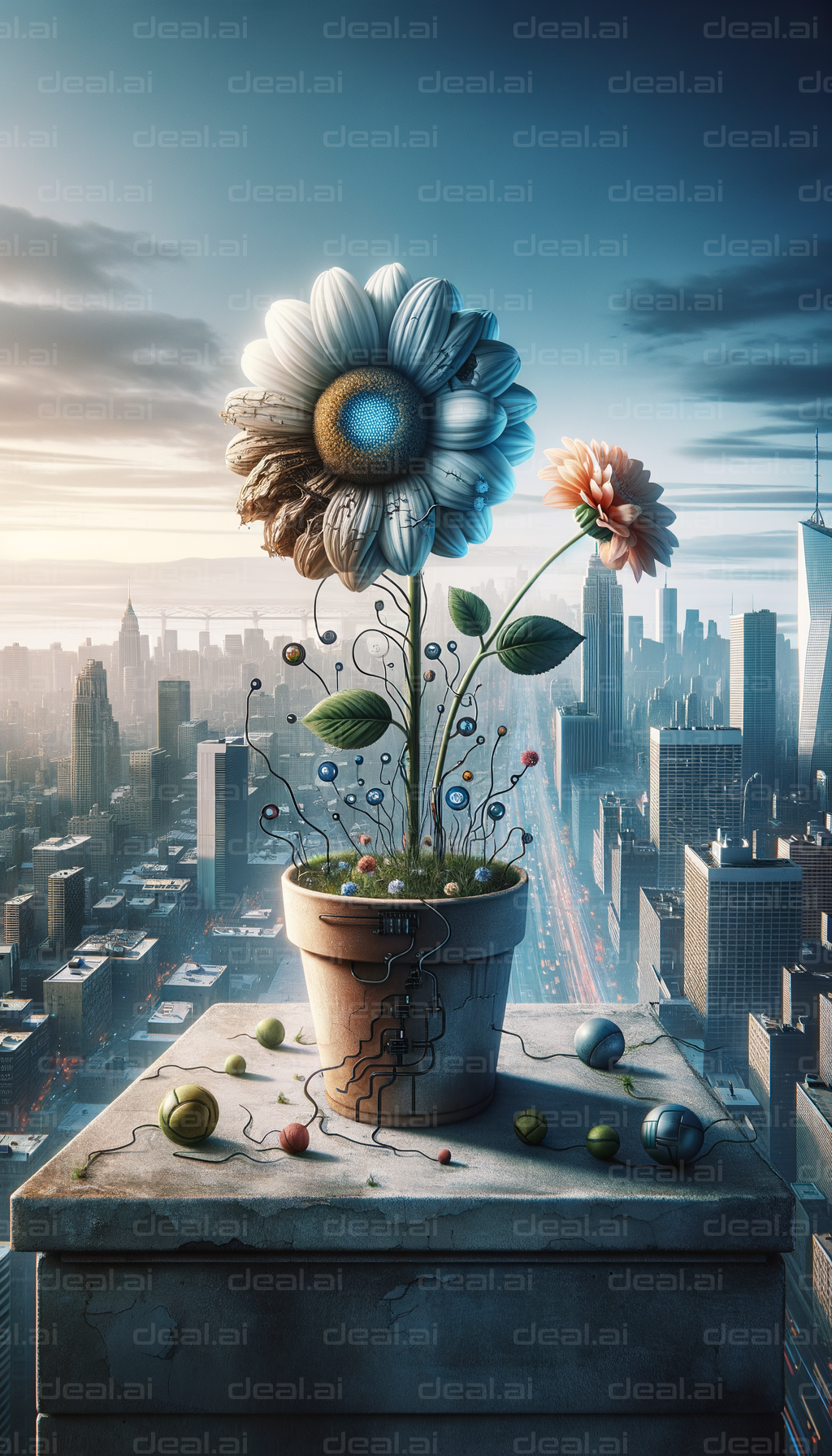 "Futuristic Flower Overlooking a Cityscape"