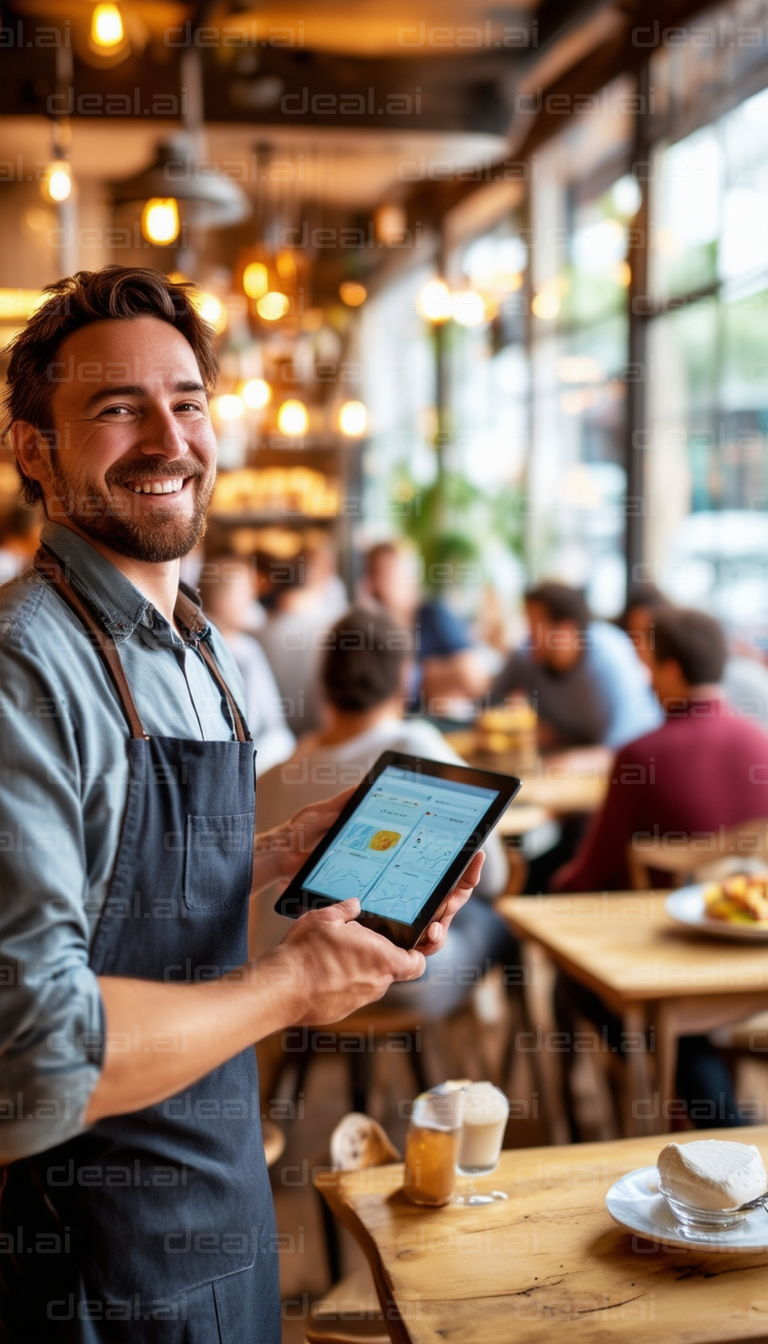 Café Barista with Tablet Smiling