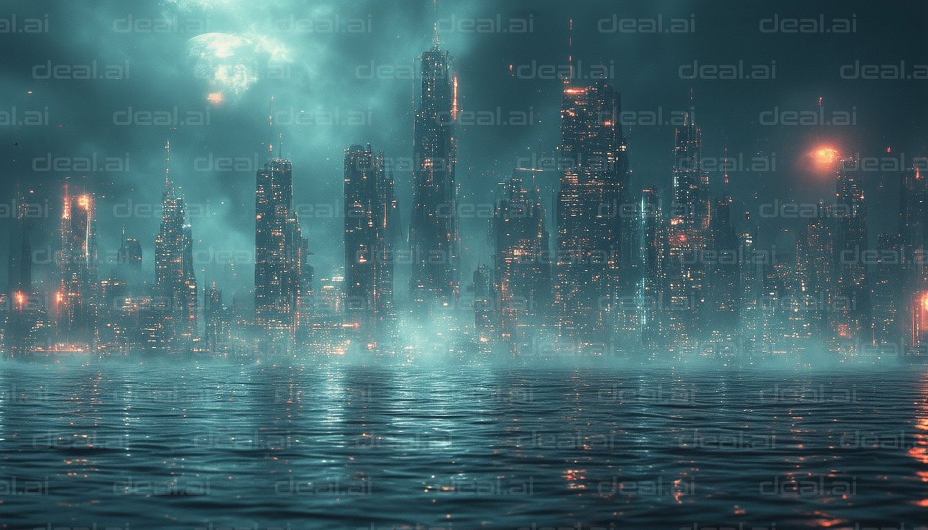 Mysterious Neon Cityscape Over Water